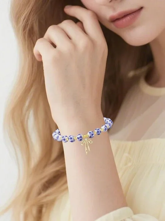 Beads Bow Stretch Bracelet for Women Vintage Flower Charm Bracelet Handmade Gold - Picture 2 of 6